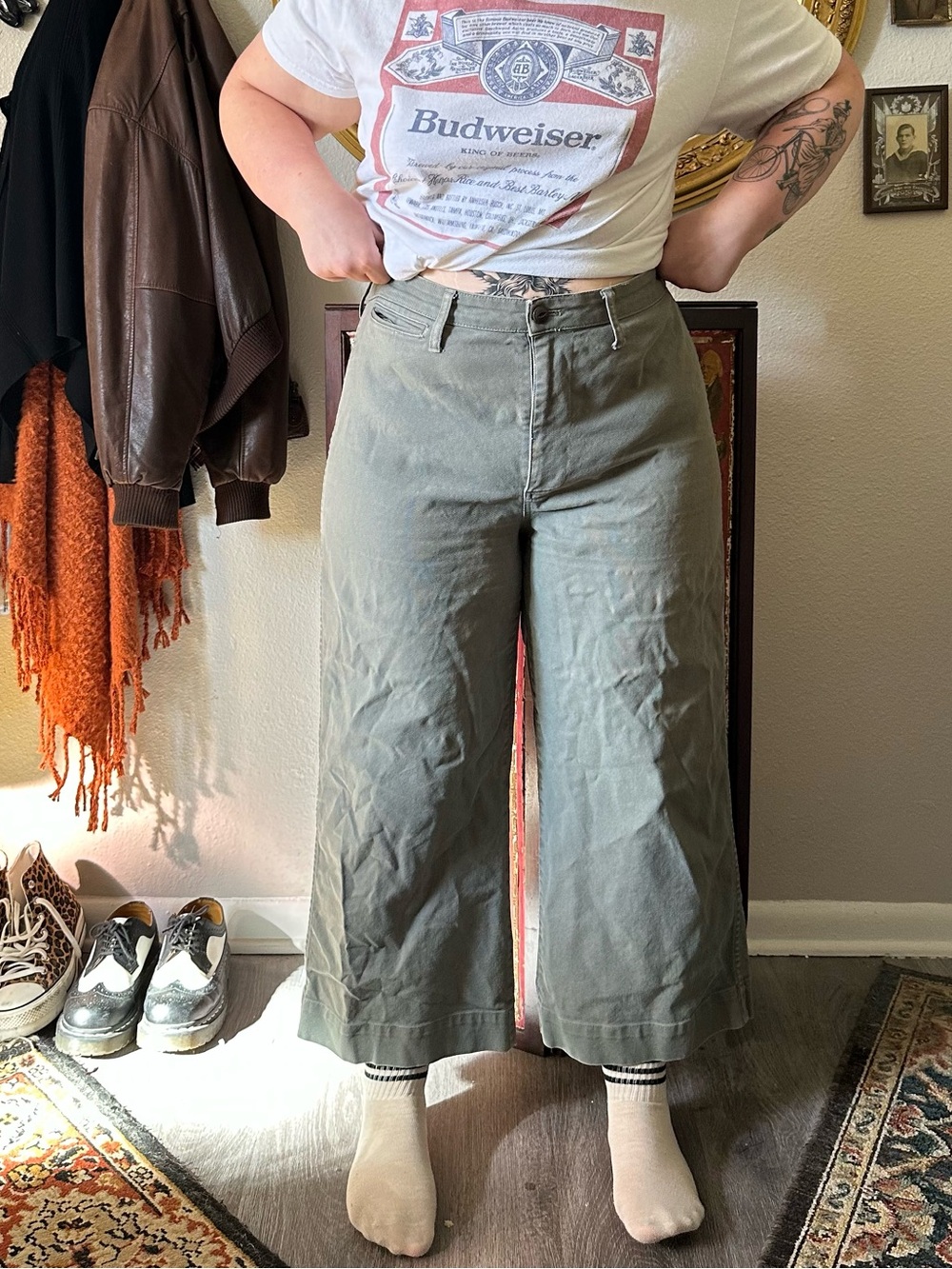 Men's Wide-Leg crop Cotton Pants - Olive Green